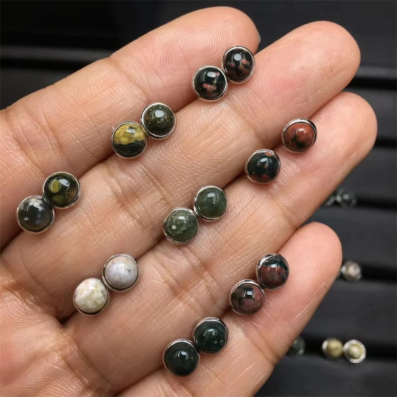 

S925 Natural Ocean Jasper Stud Earrings For Women Charms Handmade Fortune Energy Amulet Jewelry Gift 1pair