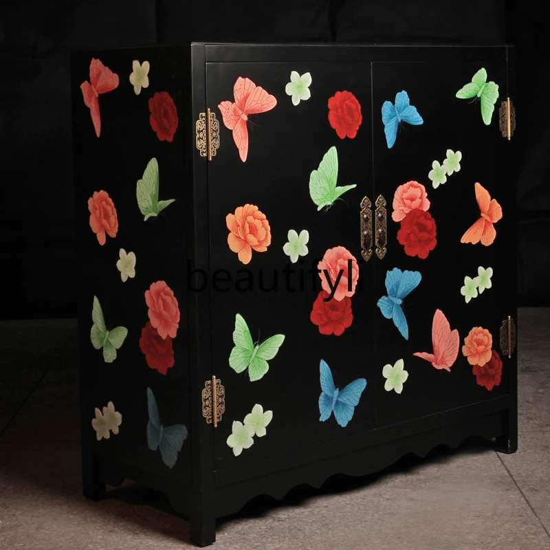 

New Chinese furniture painted peony play butterfly foyer entrance cabinet door storage