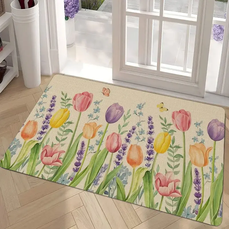 A Single Welcome Mat Featuring a Vibrant Design of Tulips And Lavender, Perfect for Spring Decor. This Indoor Mat Is Made of P
