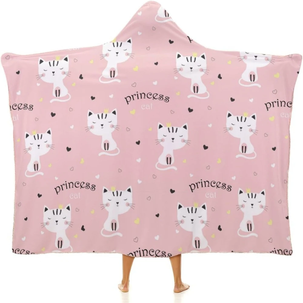 

Cartoon Cat Pattern Wearable Blanket Hoodie Cloak Hooded Blankets Softest Warmth Throw Blanket for Girls Womens Kids