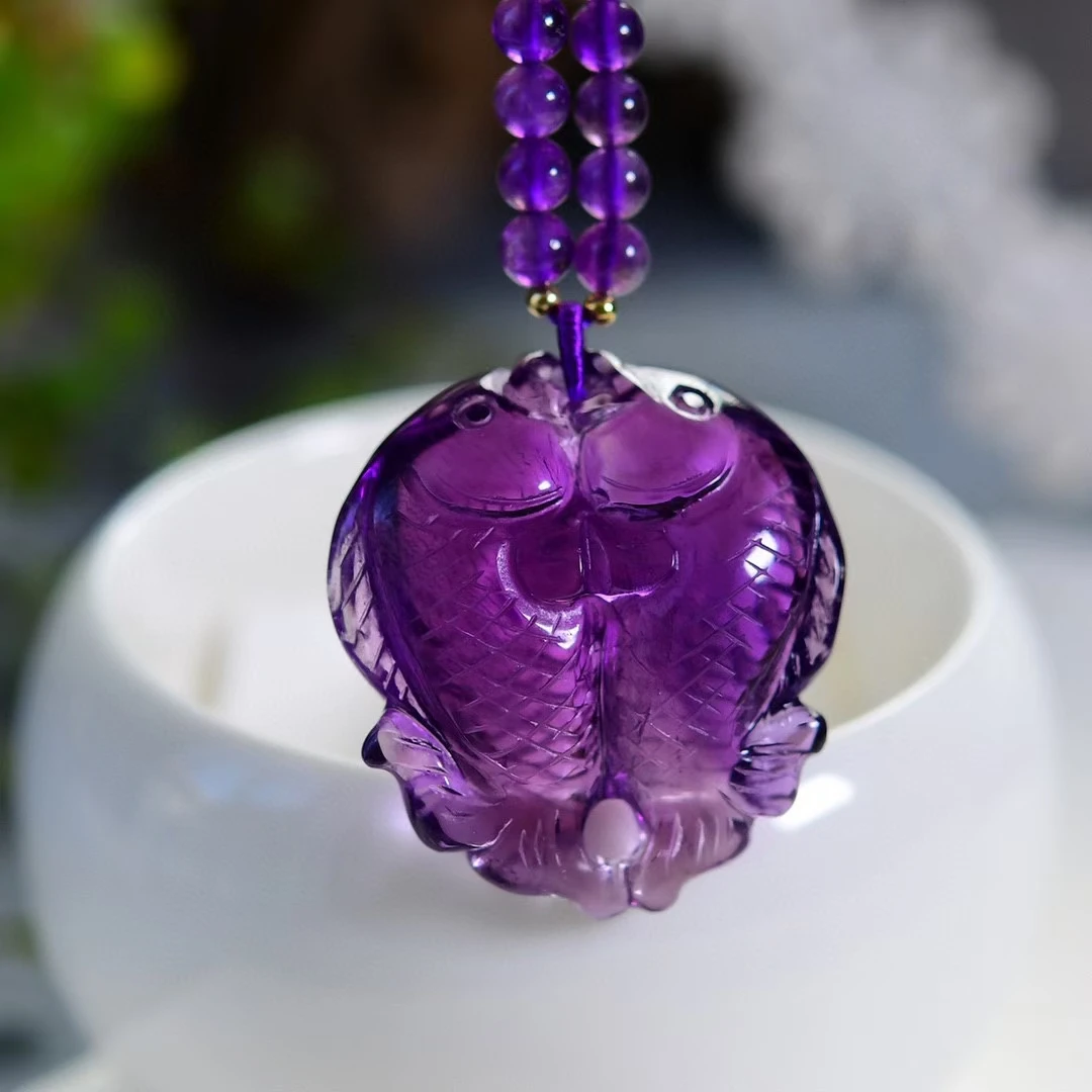 Natural Purple Amethyst Quartz Pendant Fish 34.3*31*14mm Amethyst Jewelry Beads Women Men Necklace Brazil AAAAAA