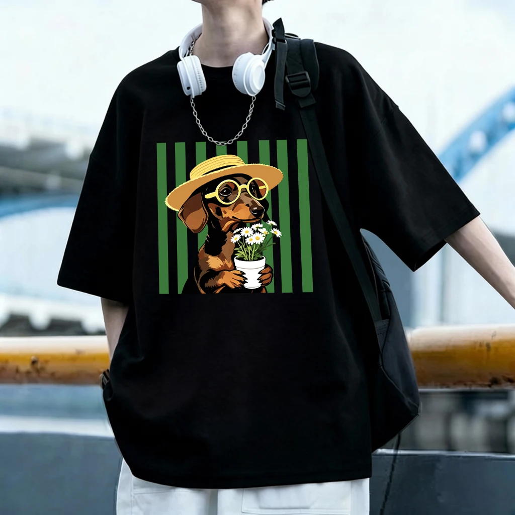 Dachshund Dog Daisy Flower Printed T Shirt Men Summer All-Match T-Shirt Casual O-Neck Streetwear Y2K Cotton Oversized Clothes