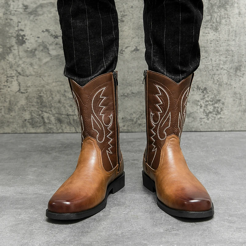 2023 Handmade Men Cowboy Boot High Quality Embroidery Western Leather Flat Boots Mid-calf Male Boots Outdoor Zipper Riding Boots