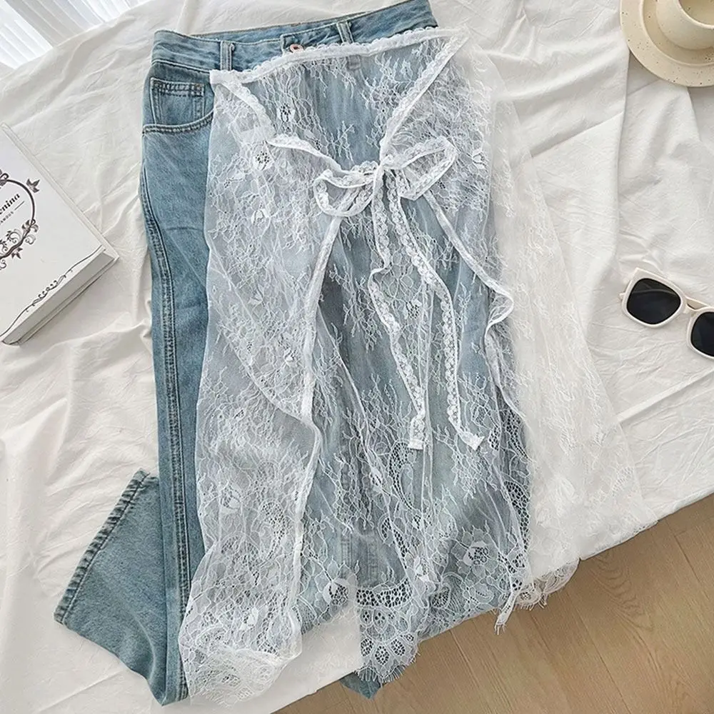 High Waist Lace Midi Skirt Embroidered Flower See Through Lace Drawstring Skirt Irregular Side Slit Harajuku