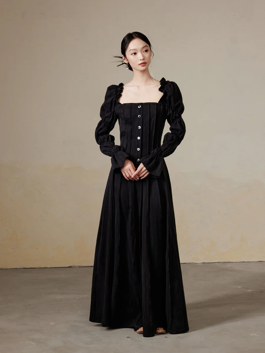 

Romantic Lace Trim Bubble Sve Dr ONMOON Ele Long Sve Square Collar Gown French Sle A-Line Silhouette for Women