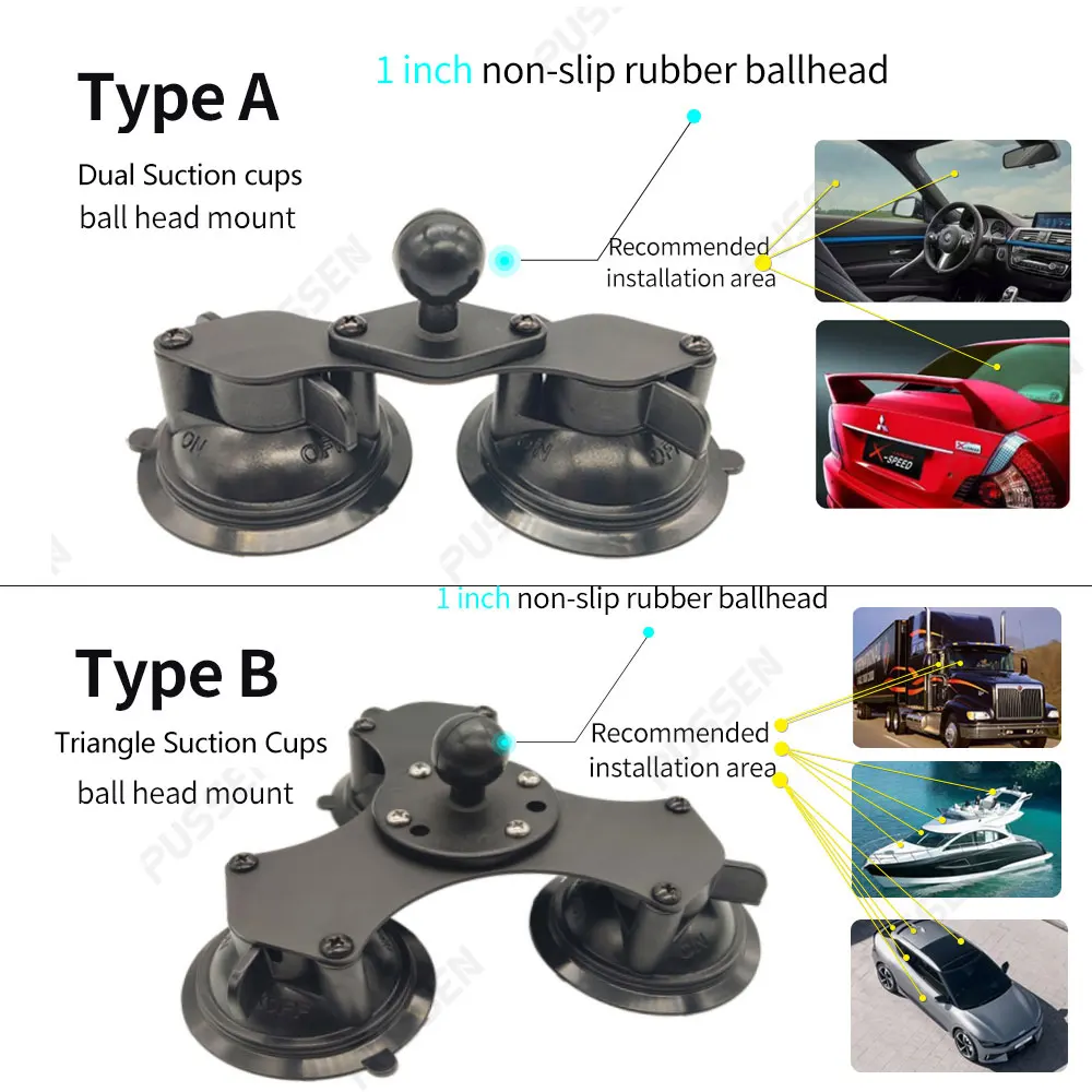 1 inch Ball Head Dual Flat Car Suction Cups Holder with Invisible Selfie Stick for Insta360 X4 X3 One X2 Ace Pro GoPro Accessory