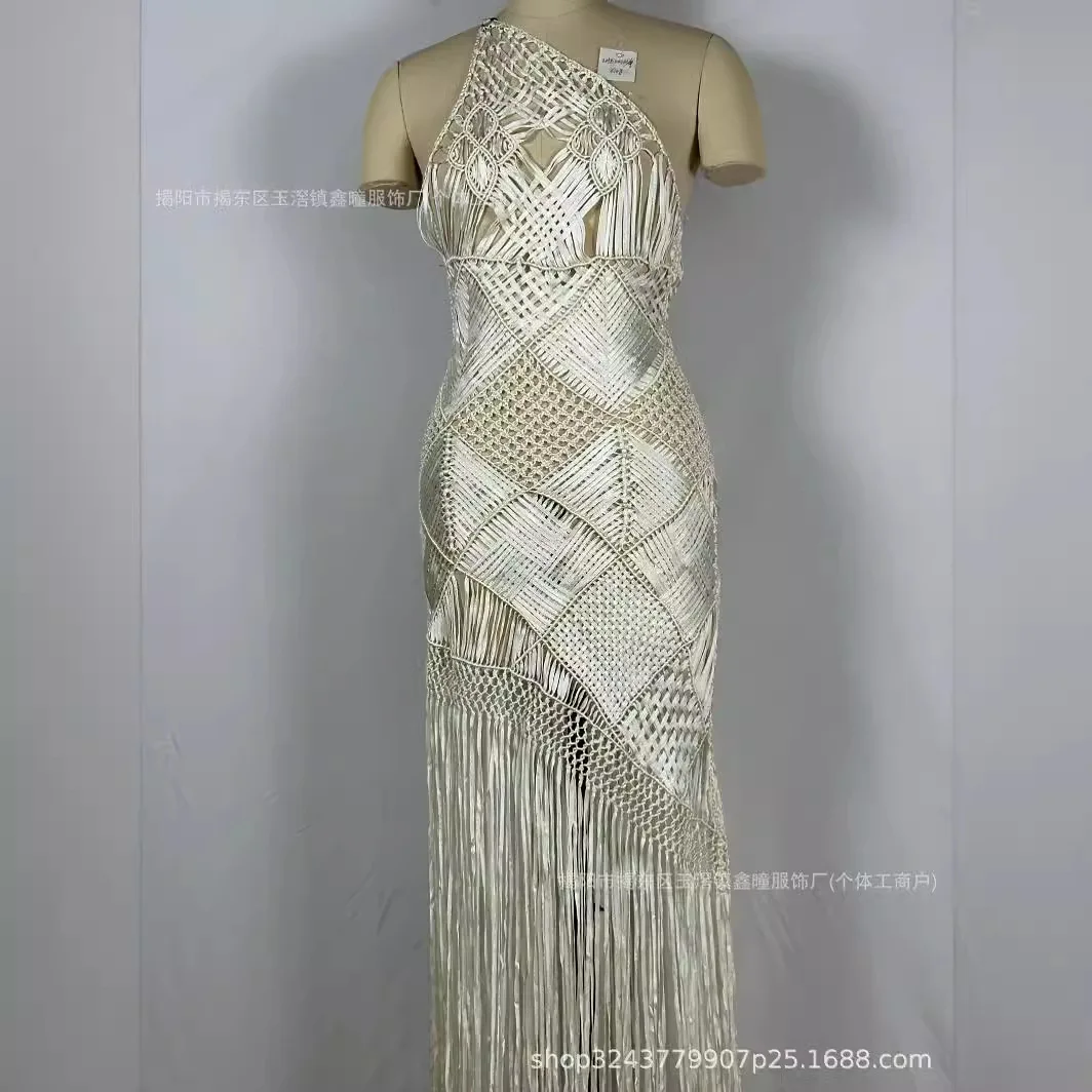 LHB00131-1 Bohemian One-shoulder Dress Dress Hot Sexy One-shoulder Skirt Fashion Design Dress Hand-knitted Haute Couture