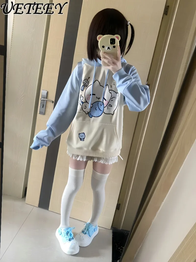 Sweats à capuche en pur coton avec impression de dessin animé mignon pour filles, sweat-shirt épissé original, pull à manches longues, doux, polyvalent, printemps, automne