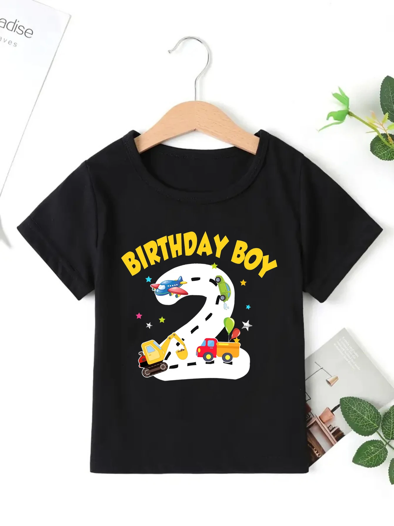 

2nd Birthday Boy Excavator Airplane Track Printed T Shirt Boys Kawaii Toddler Summer Short Sleeve Shirt Kawaii Kids Clothes