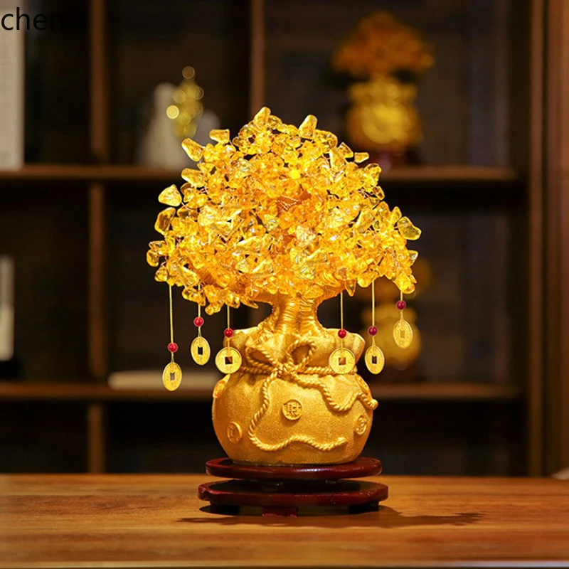 HT Lucky Tree Wealth Yellow Crystal Tree Natural Money Tree Ornaments Bonsai Style Wealth Luck Feng Shui Ornaments Craft