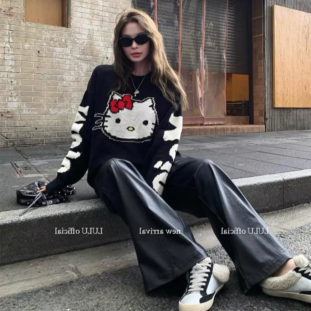 Sanrios Girl Crew Neck Sweater Anime Cartoon Hello Kitty Autumn Winter Embroidered Long Sleeves Loose Stylish Versatile Tops