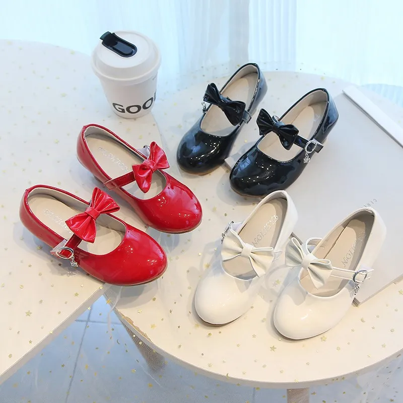 Princess Style Pure Color Butterfly Knot Kids Shoes Spring New Arrival Low Cut Leather High Heel Single Shoes for Girls 26-37