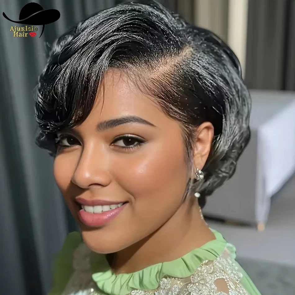 Wig Rambut Asli Malaysia 13x4 Lace Wig Model Pixie Cut dengan Belahan Samping, Wig Bob Lurus dengan Belahan Samping dan Lace Transparan untuk Wanita Kulit Hitam