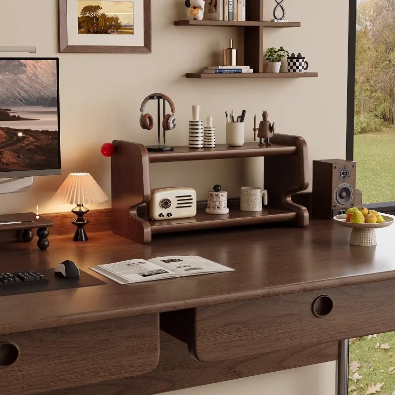 Solid Wood Walnut Desktop Organizer, Multi-Tier Storage Rack for Home Office, Sturdy Space-Saving Shelf for Countertop & Desk
