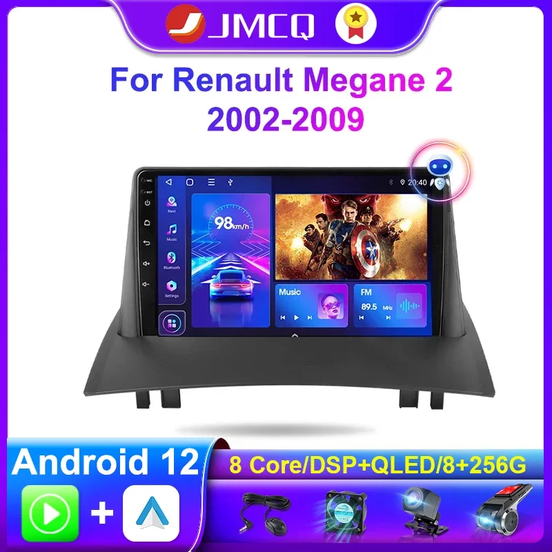 JMCQ-Leitor de Vídeo Multimídia, Carplay, 2 Din, Rádio Android 12, Navegação GPS, Unidade Principal Estéreo, Renault Megane 2 2002-2009