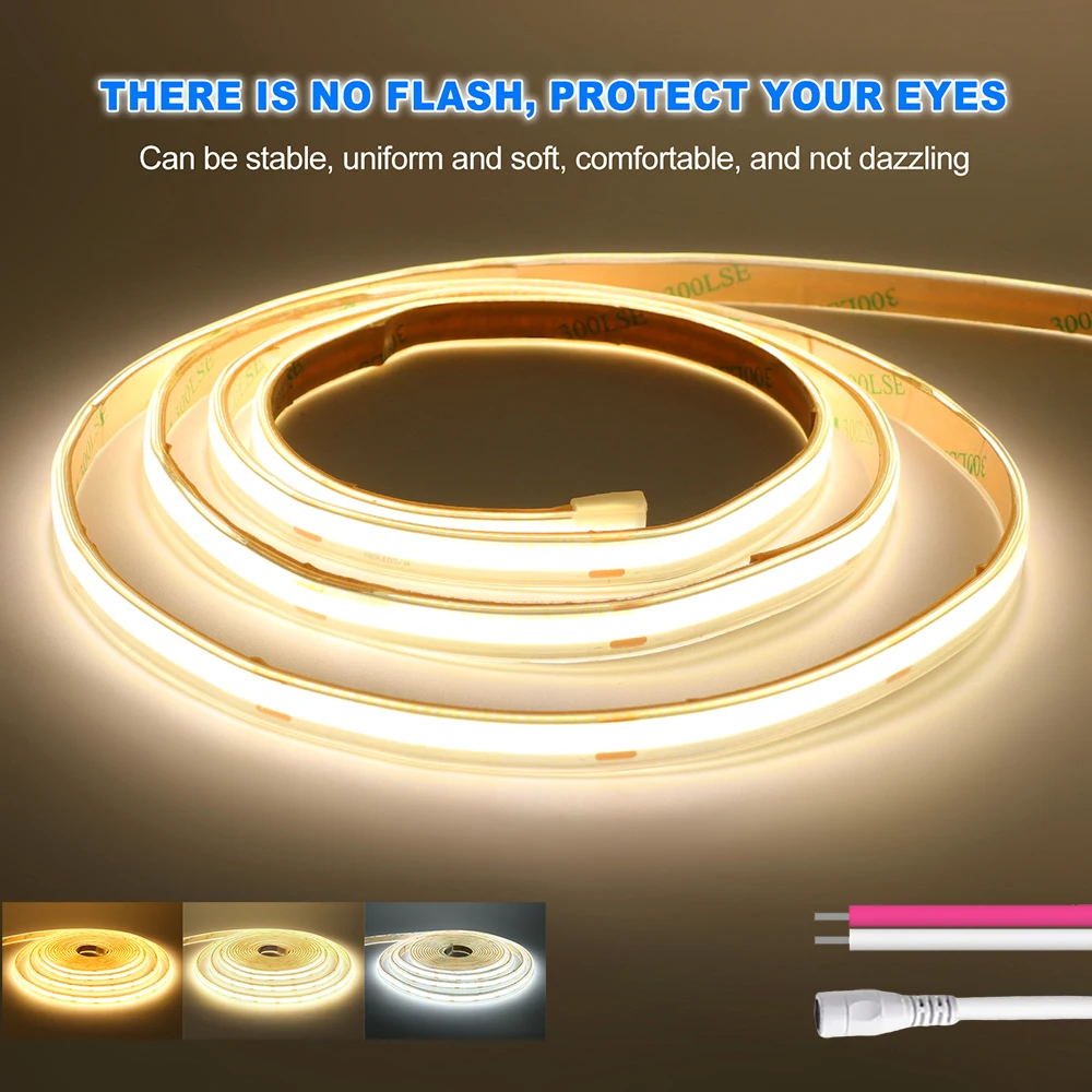 5M 10M 12V 24V COB LED Strip Light Waterproof with DC Plug/2Pin Wire RA90 480LEDs/m Hight Bright Flexible Tape 3000K 4000K 6000K