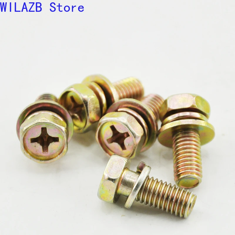 

M3 M4 M5 M6 M8 GB9074.13 Yellow Zinc Plated Hex Cross Bolt Phillips Flat Gasket Spring Washers Set Hexagon Screws Carbon Steel