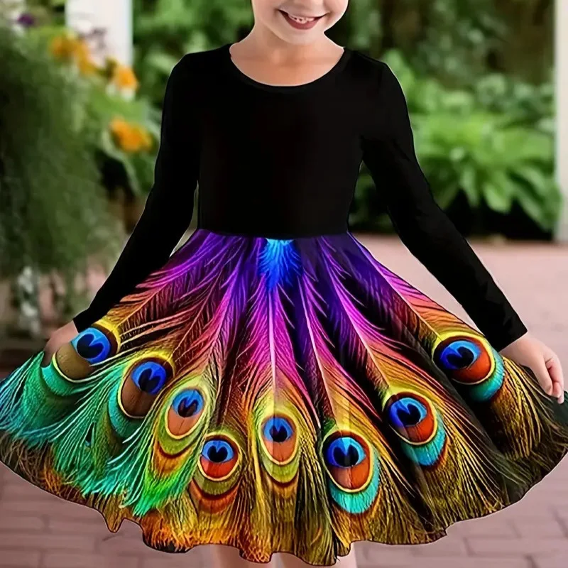 Robe à manches longues pour filles, vêtements de danse de Ballet, imprimé plumes de paon, Costume de spectacle de fête tendance, nouveau Style