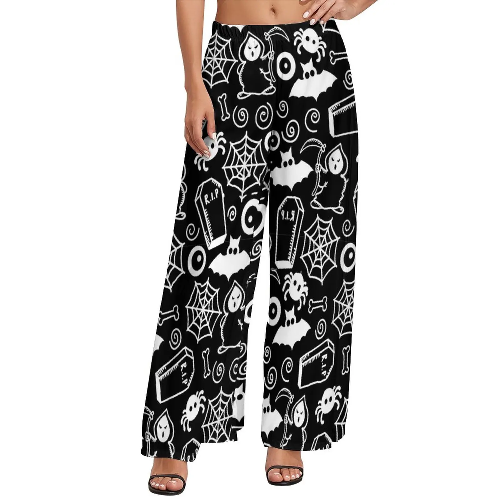 

Halloween Doodles Pants Bats And Spider Web Beach Straight Wide Leg Pants Elastic Waist Workout Trousers Big Size