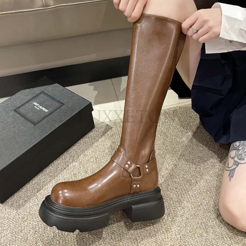 Platform Chunky Motorcycle Cowboy Boots for Women Brand Designer Buckle Vintage Fashion Casual  Mid  Calf  Boots  Shoes