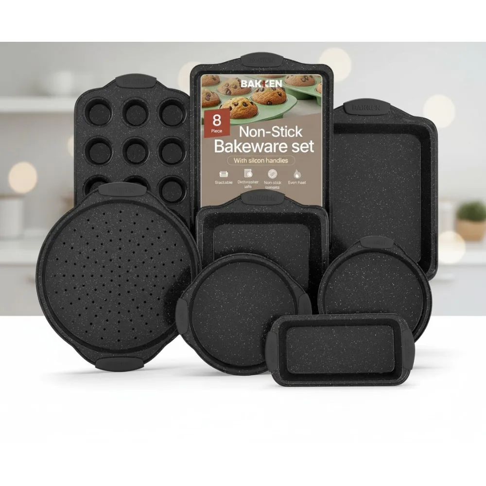 

Набор из 8 форм для выпечки с антипригарным покрытием — серое мраморное покрытие, формы для выпечки из углеродистой стали с силиконовыми ручками для домашнего и профессионального использования