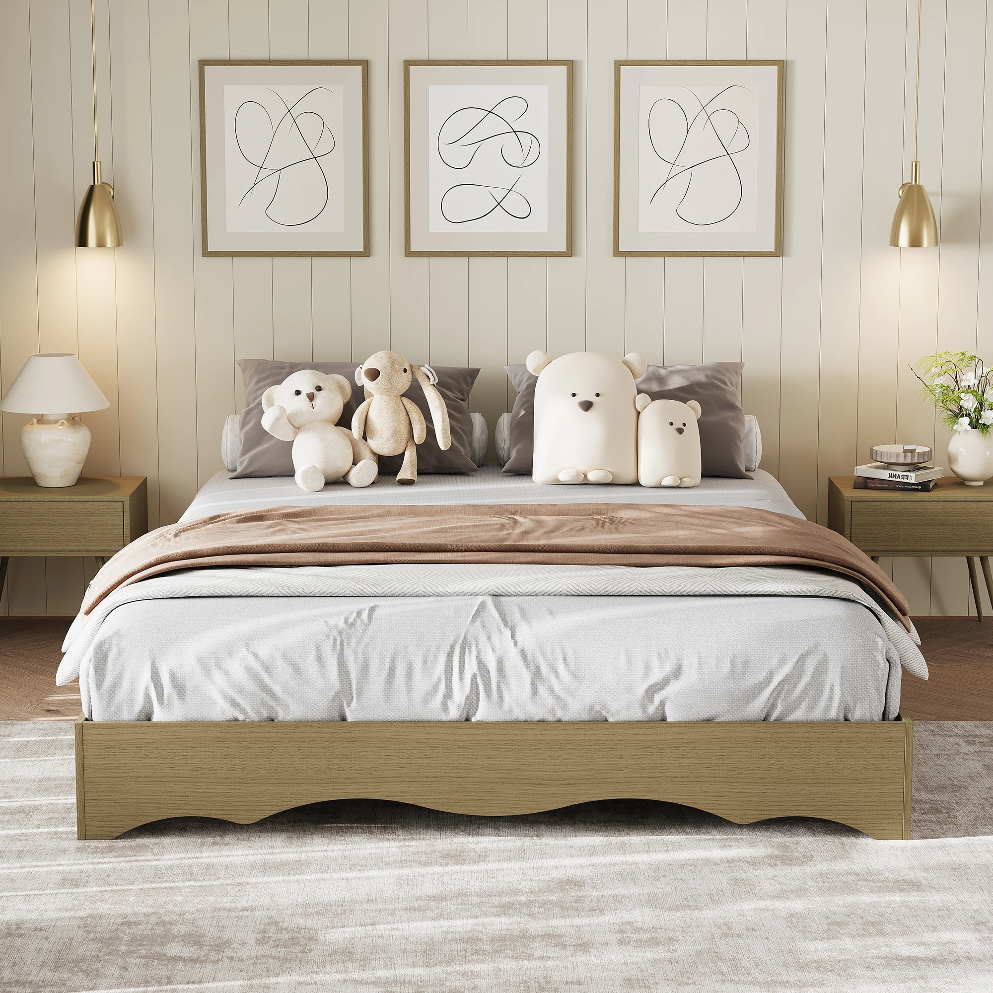 GarveeLife Minimalist Wooden Platform Bed Frame Full Size - No Headboard, Wavy Wood Base, Low Profile Floor Design, Sturdy Noise-Free Support, No Box Spring Needed - Japanese-Inspired Bedroom Furniture, Natural Wood Finish