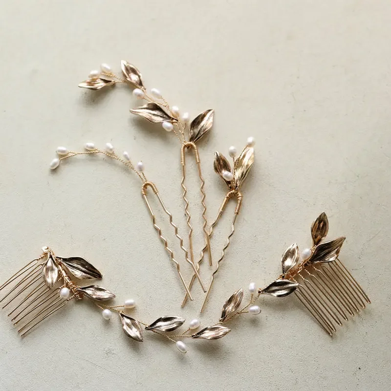 Elegant Retro Gold Color Leaf Bridal Hair Comb Vine Fresh Water Pearl Romanesque Style Women Wedding Headpiece Accessories