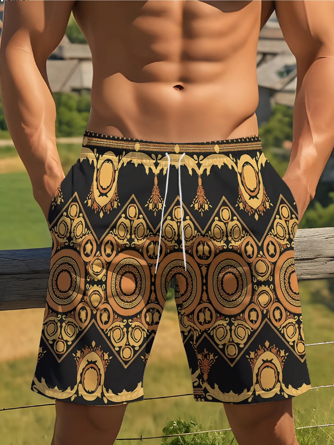 

2026 Mens Ocean Sunset Wave Sailboat Print Quick Dry Drawstring Waist Beach Shorts Swim Trunks