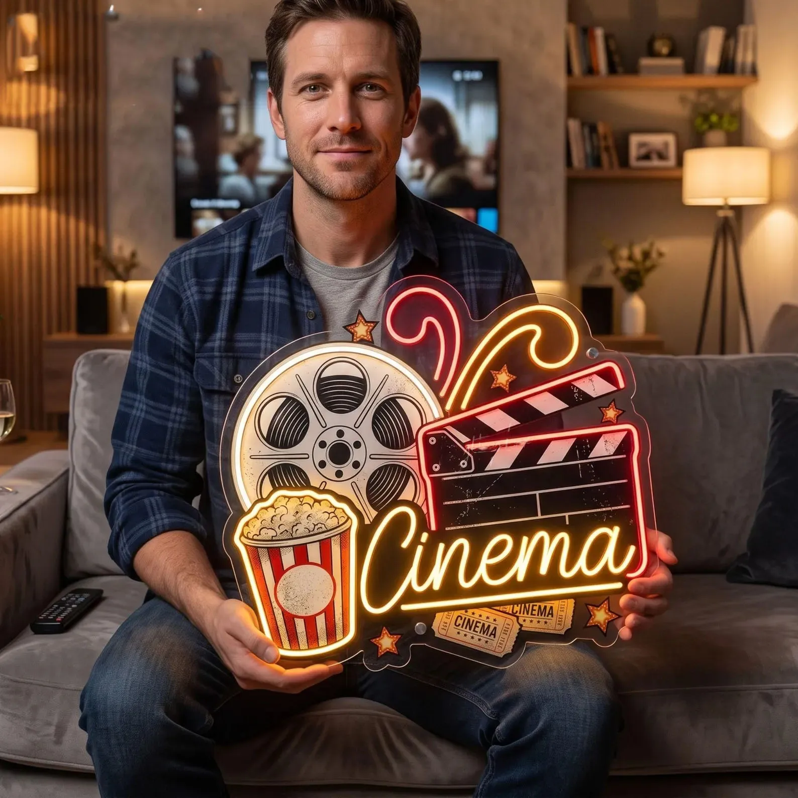 Cinema Popcorn Neon Sign,Movie Theater LED Neon,Film Reel Clapperboard Theme,Home Theater Sign,Film Lover Gift,Movie Night Sign