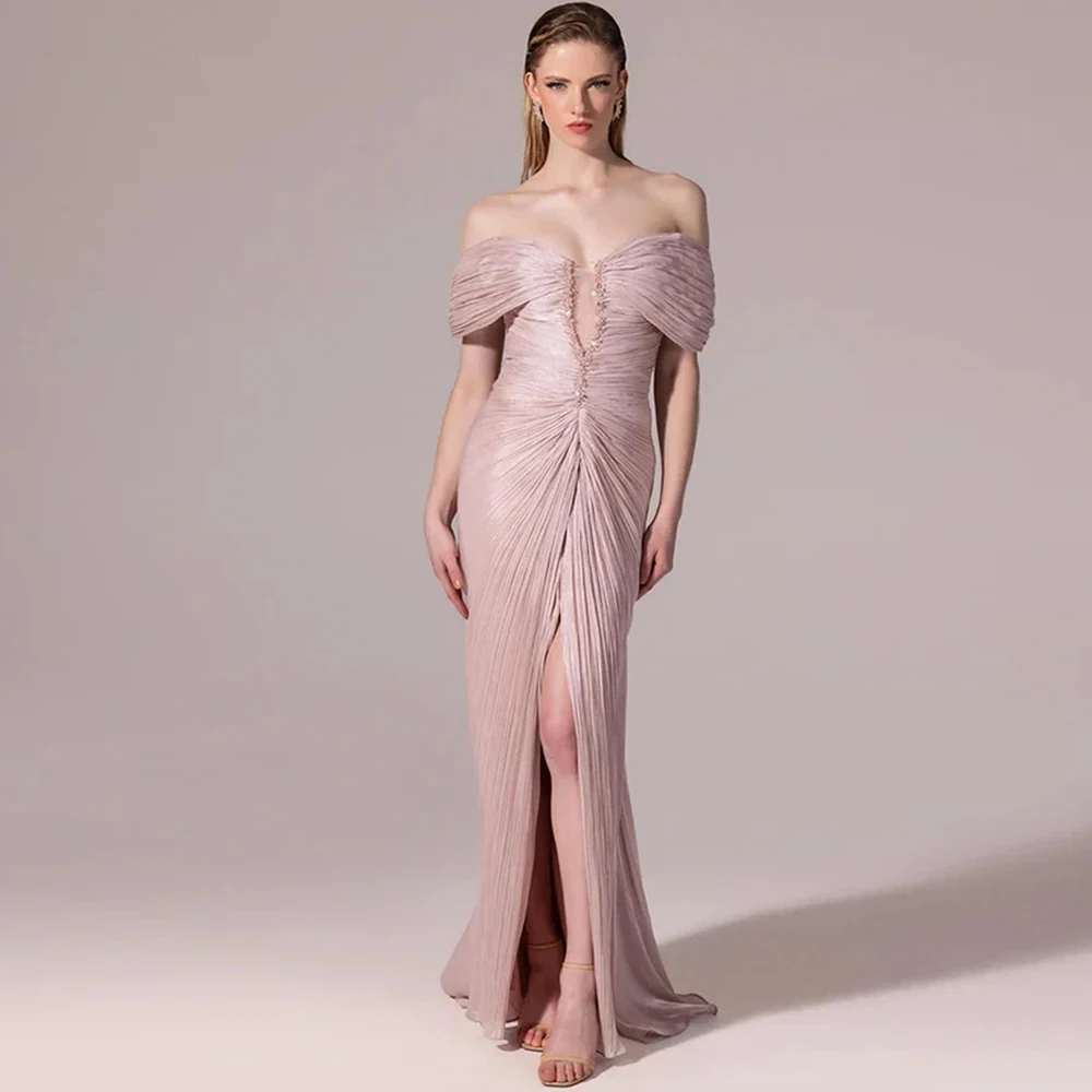 

Fashion Lace Up Back Party Gowns Customized Evening Dresses High Quality Off the Shoulder Front Slit Homecoming Dresses