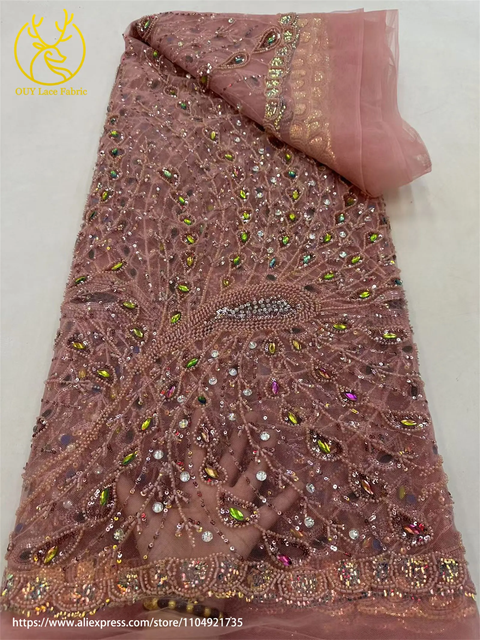 Teakrot Eleganter Afrikanischer Luxus-Spitzenstoff 2026 Luxuriöser Nigerianischer Französischer Perlen-Pailletten-Spitzenstoff für Hochzeitskleider – Detail 19