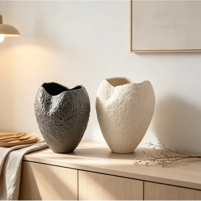 Modern minimalist high-end art irregular abstract ceramic vase; semi-handmade wabi sabi style home decoration vase