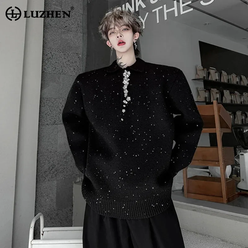 

LUZHEN 2025 зимний лоскутный пуловер с блестками и бриллиантами, свободный вязаный пуловер с подплечниками, мужской модный красивый свитер JY4967