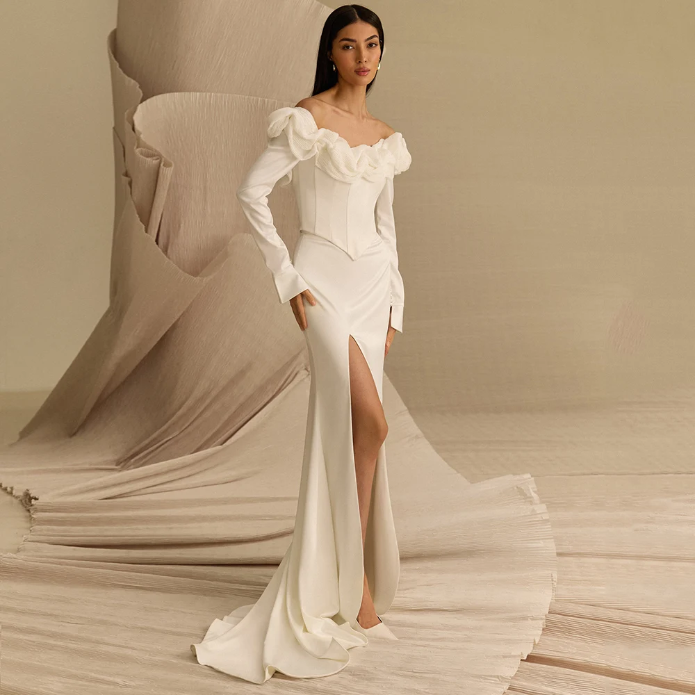 

Charming Jersey Ruched Off the Shoulder Wedding Dress Sexy Side Slit Long Sleeves Bridal Gowns Customized Vestido De Novia
