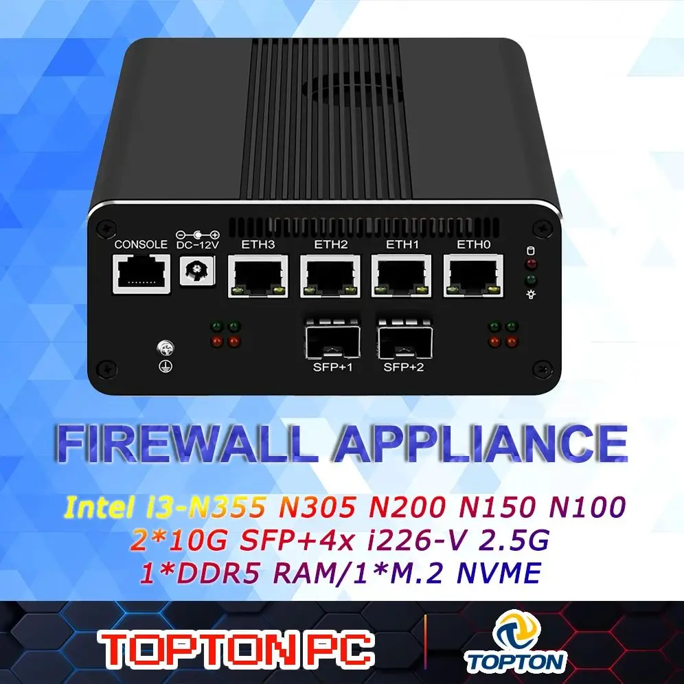 Firewall di sicurezza di 12a generazione per server VPN domestico e aziendale e cliente Intel i3-N305 N355 N100 2SFP 4x2,5G/8x2,5G DDR5 Nvme