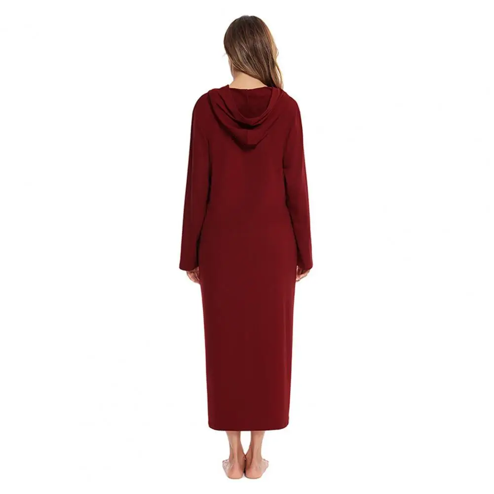 

Winter Sleepwear For Women 2025 Loose Long Sleeve Zip-up Nightgown Pure Color Mid-calf Length Hooded Loungewear With Pockets