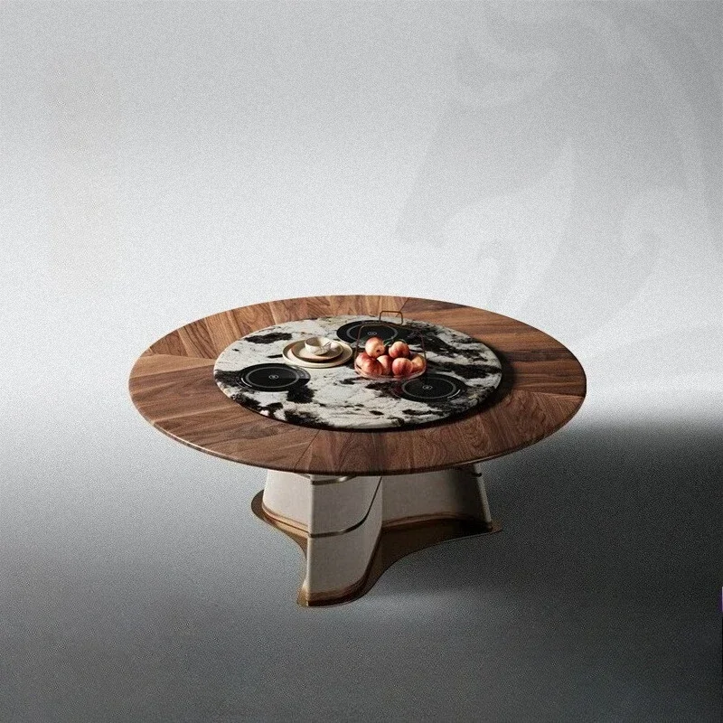 Dining Table Light Luxury Round Wind North American Black Walnut Electric Dining Table High End Marble Rotating Induction Cooker