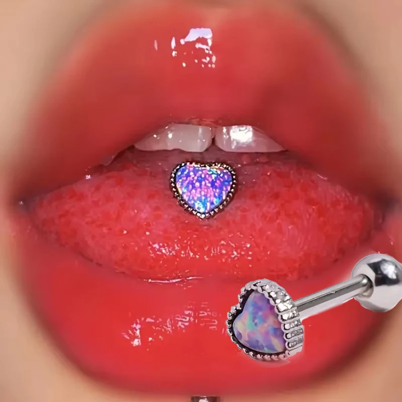 1pc 14G Anti-Allergy Surgical Stainless Steel Opal Heart Shaped Tongue Rings For Women Tongue Barbells Piercing Body Jewelry