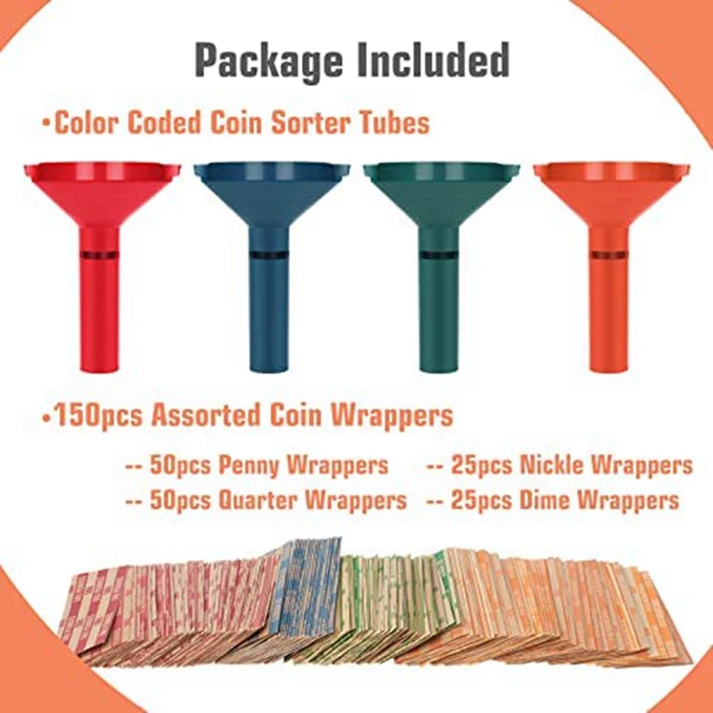 Coin Sorter With Coin Wrappers With 150Pcs Coin Rolls Wrappers Assorted Plastic For All Coins