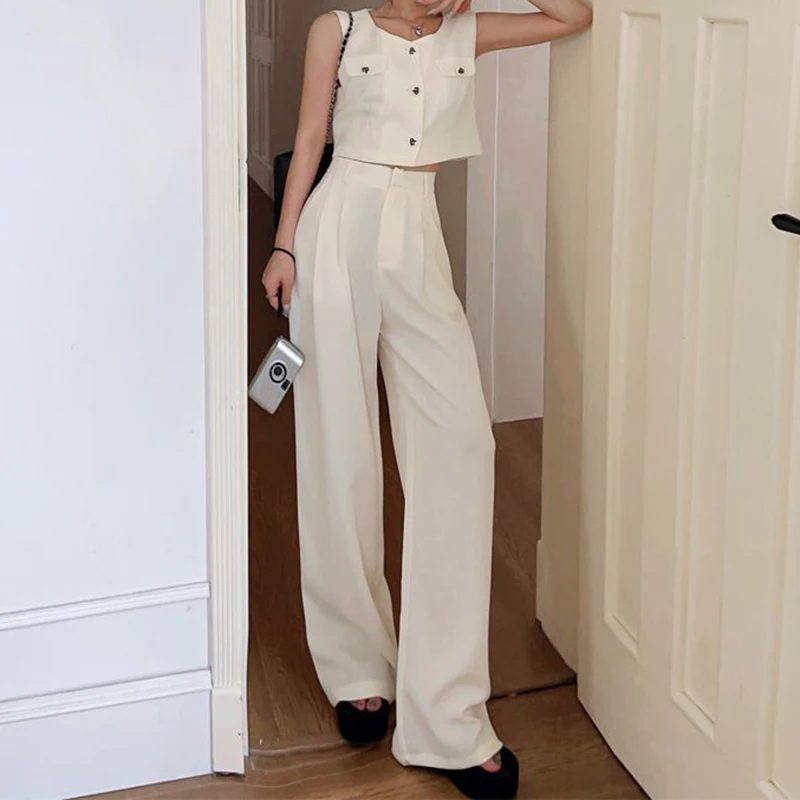 Two-piece female 2024 summer new Korean fashion sleeveless vest top+high waist straight wide-leg pants suit