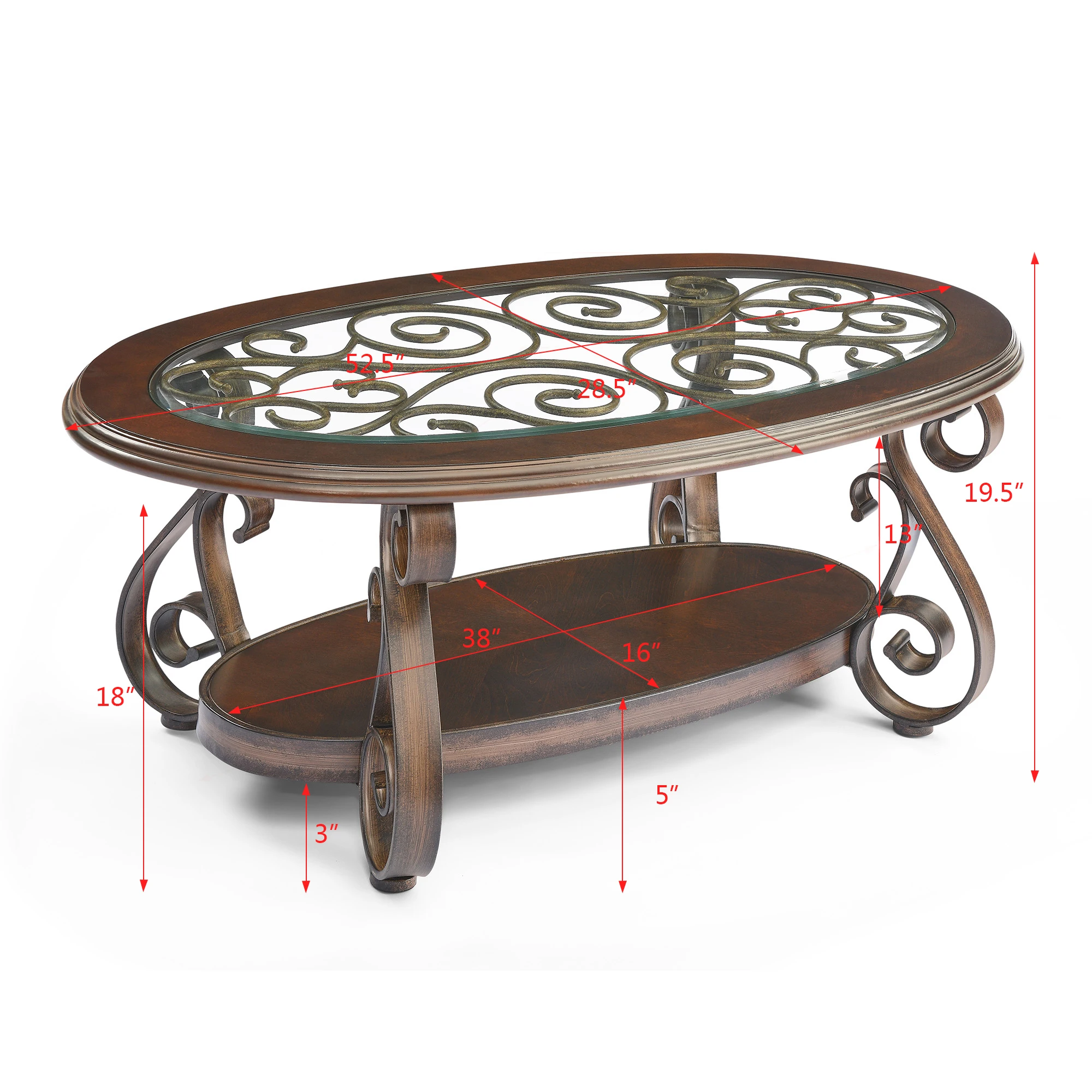 [Flash Sale]Coffee Table with Glass Table Top and Powder Coat Finish Metal Legs Dark Brown 52.5