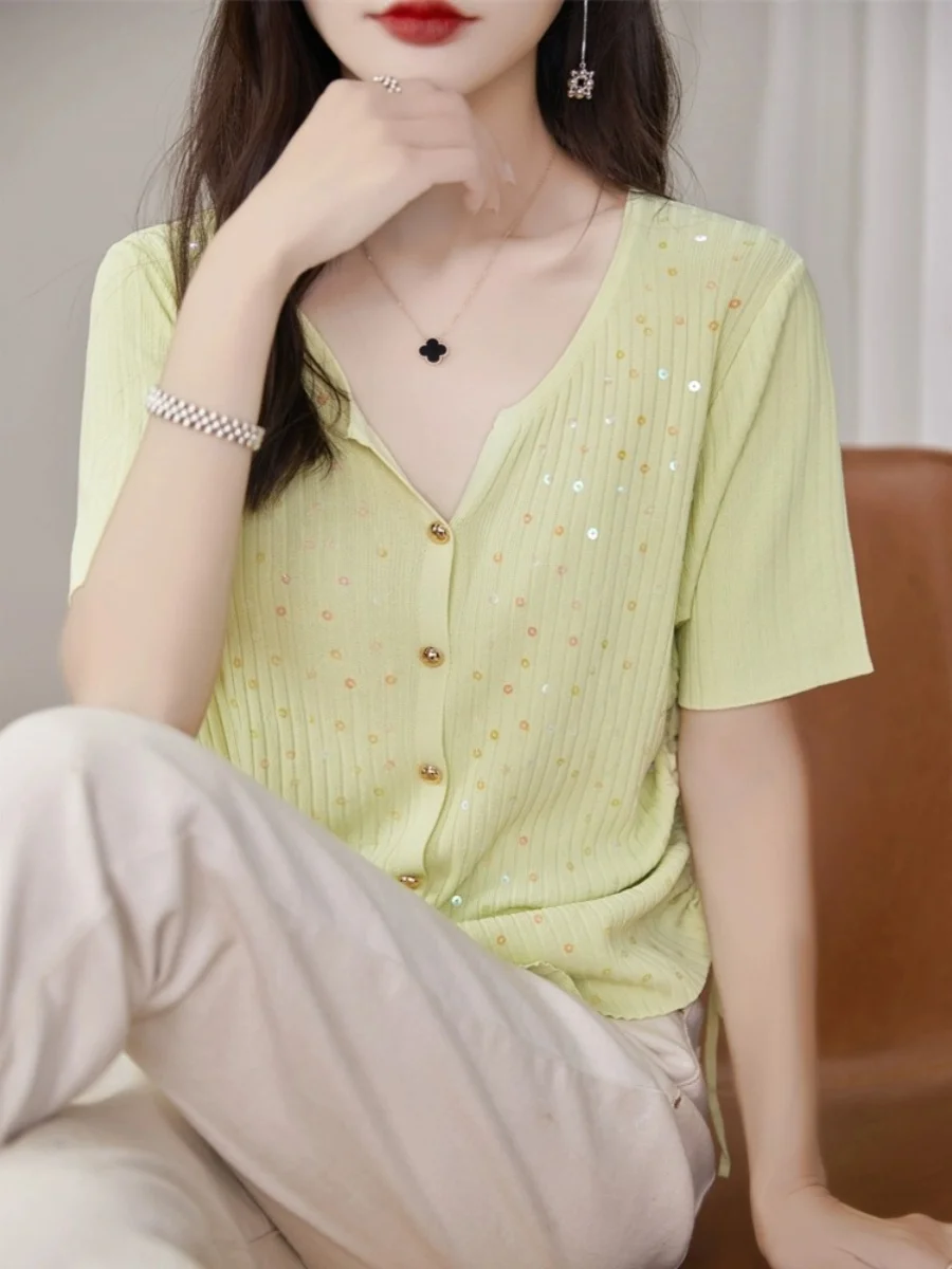 V-Ne Sottile Maglione Lavorato A Maglia di Seta del Ghiaccio Ortap delle Donne 2024 Nuovo Caldo di Estate Lavorato A Maglia Aperto Cardigan Top con Paillettes