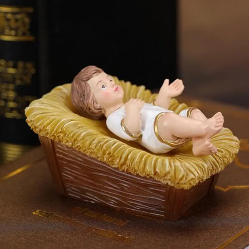 Resin Jesus Statue Child Jesus Nativity Figurine With Manger Religious Christmas Decoration For Living Room Bedroom Bookshelf