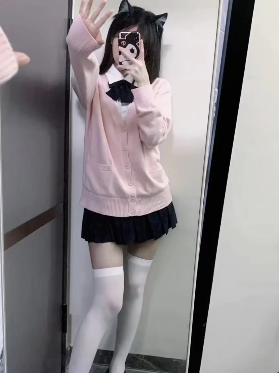 

Pink Long Sve Knitted Sweater Coat Fem orm Sle Autumn Winter Faion Layering College Theme Jk School orm Top