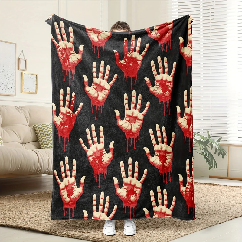 Bloody Handprint Halloween Print Throw Blanket,soft,lounge,game room,home cinema,ideal for themed gatherings,birthday gifts