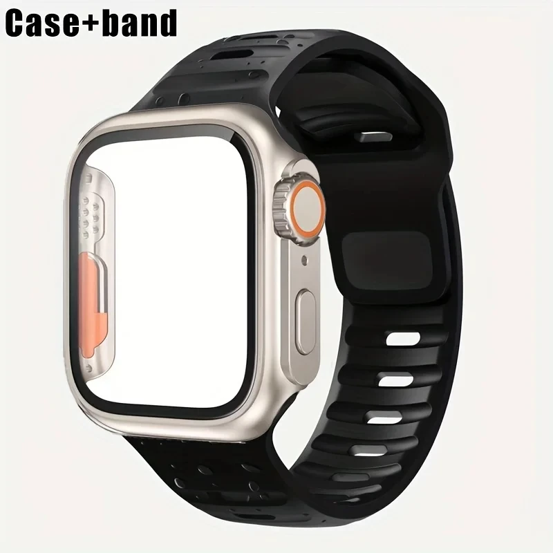 Silicone Strap+case For Apple Watch Band 44mm 45mm Tempered Glass Cover Change To Ultra For lWatch Series 9 8 6 5 7 SE 41mm 40mm