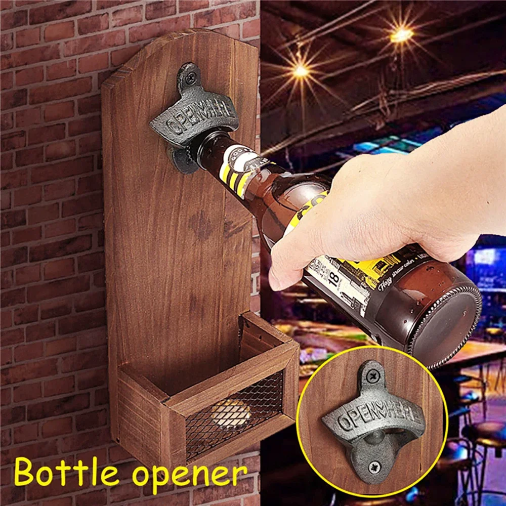 Vintage Bottle Opener Wooden Wall Mounted Beer Bottle Opener with Cap Catcher for Beer Lovers Household Kitchen Bar Tools