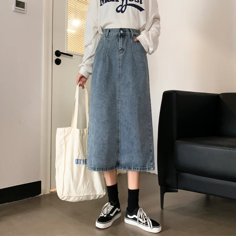 

Джинсовая юбка с асимметричным разрезом и высокой талией, юбка трапециевидной формы средней длины, большие размеры, женская мода, осень 2025, новое поступление