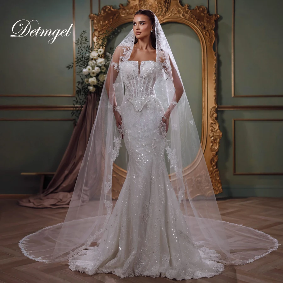 

Detmgel New Exquisite Mermaid Wedding Dresses Luxury Strapless Shiny Lace Appliques Court Train Vestido De Noiva Customized