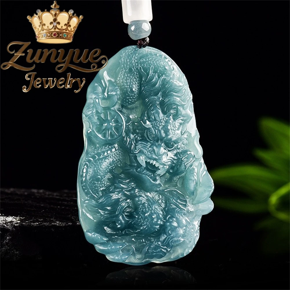 

High-End Natural Ice Blue Water Jadeite Zodiac Dragon Pendant Luxury Quality Jewelry Amulets and Mascots Charms Exquisite Young